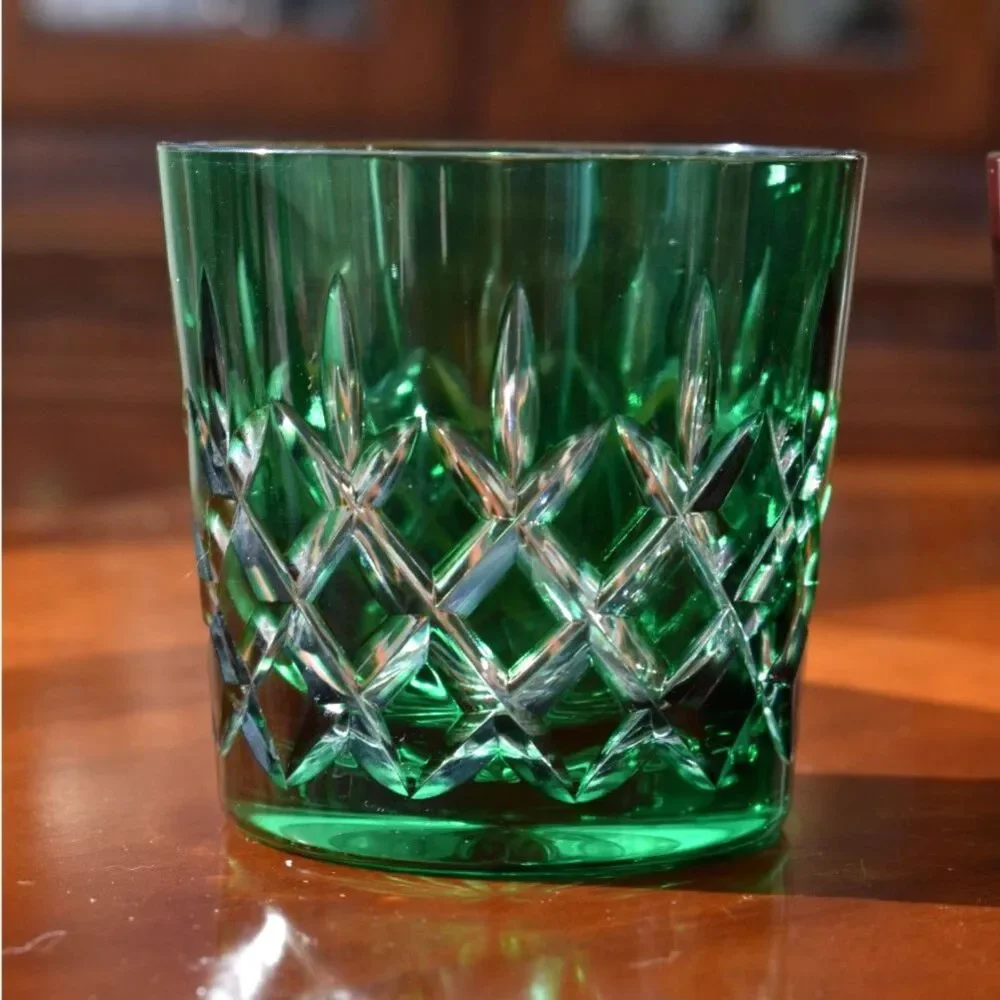 Vintage Set of AJKA Colored Crystal Old Fashioned Glasses with Ice Bucket